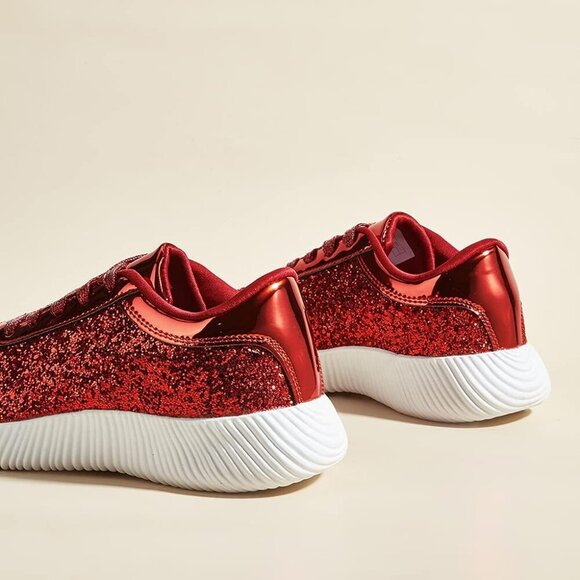 LUCKY STEP Women Red Shoes Sparkly Lightweight Metallic Sequins Tennis Shoes - Picture 4 of 9